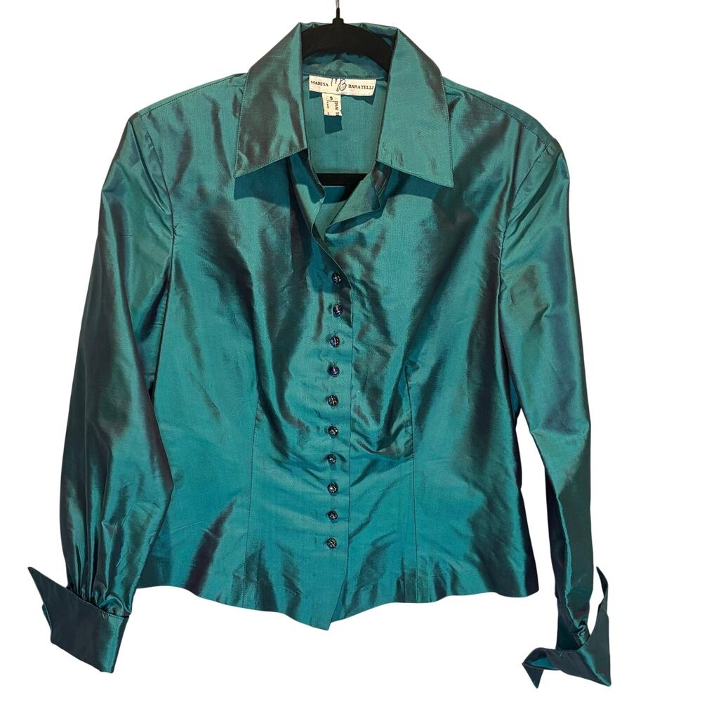Marisa Baratelli Vintage Blue Thai Silk Button Down Blouse - size Small